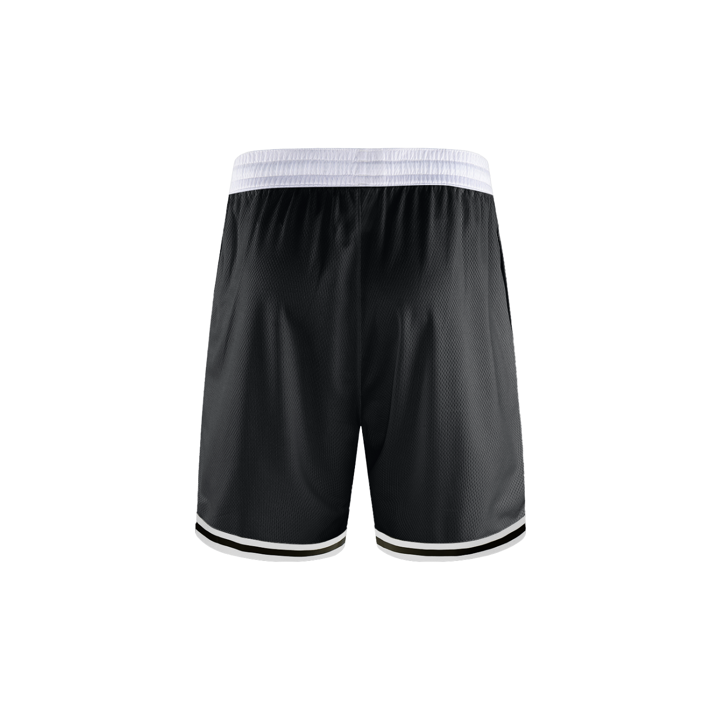 Black shorts with white waistband on a white background