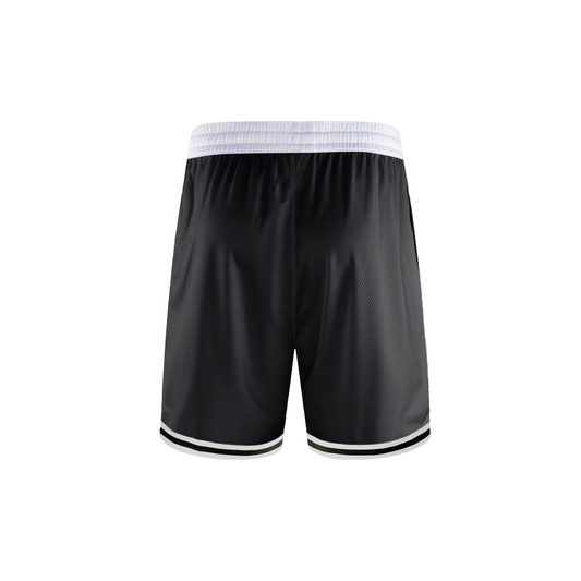 Black shorts with white waistband on a white background