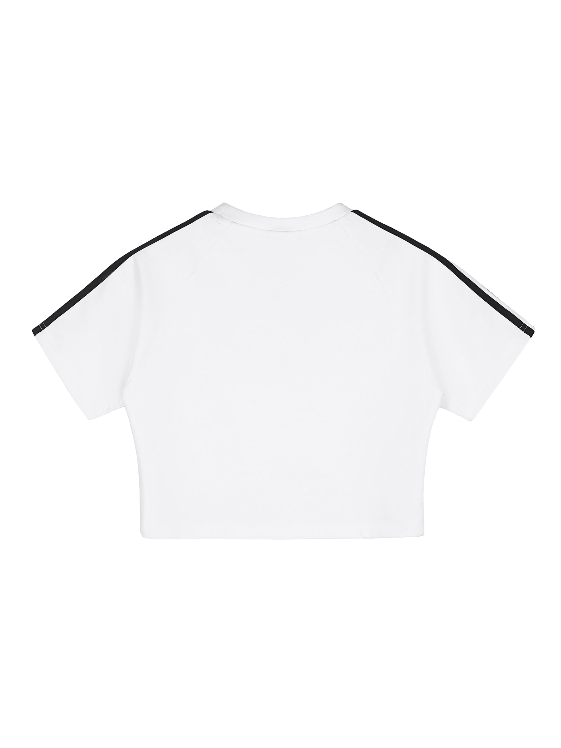 White t-shirt with black trim on a white background